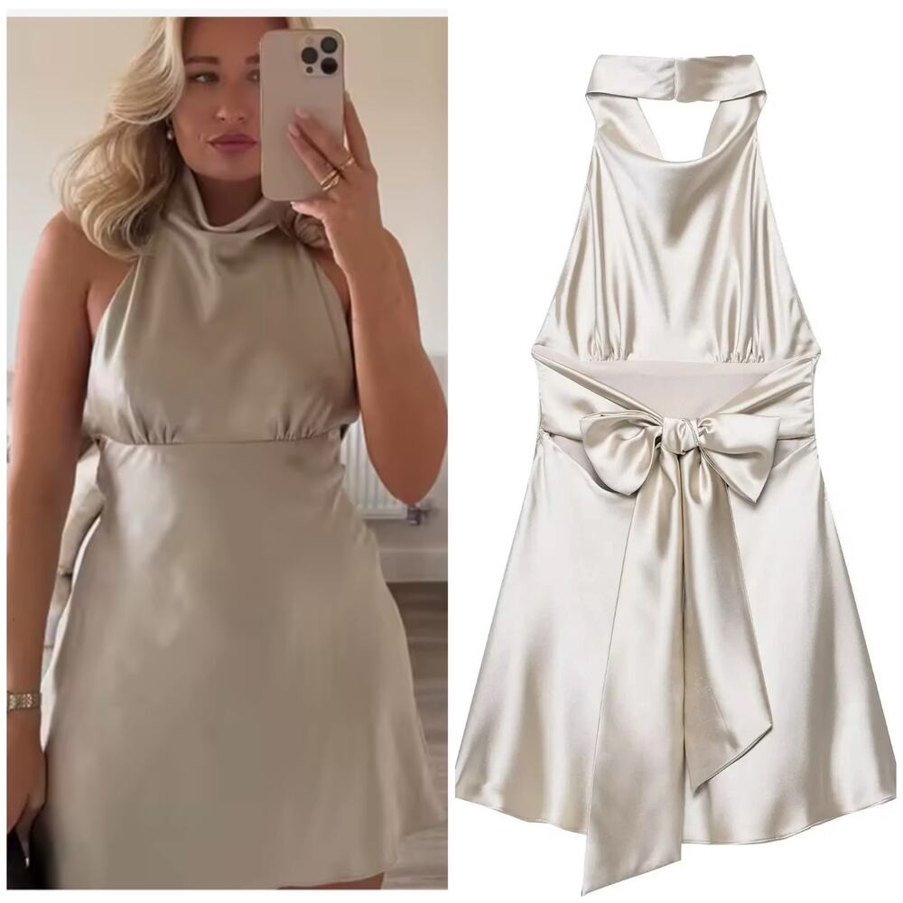 Zara Woman NWT SS25 Grey/ Beige Short Satin Halter Dress Size Medium 8482/331